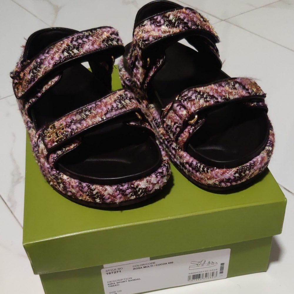 Tory Burch Kira Sport Sandal Chic Tweed Sandals with Gold Accents